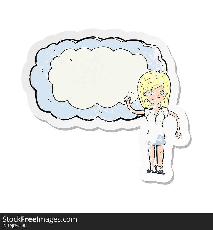 retro distressed sticker of a cartoon woman with text space cloud