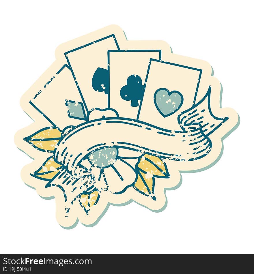 Distressed Sticker Tattoo Style Icon Of Cards And Banner