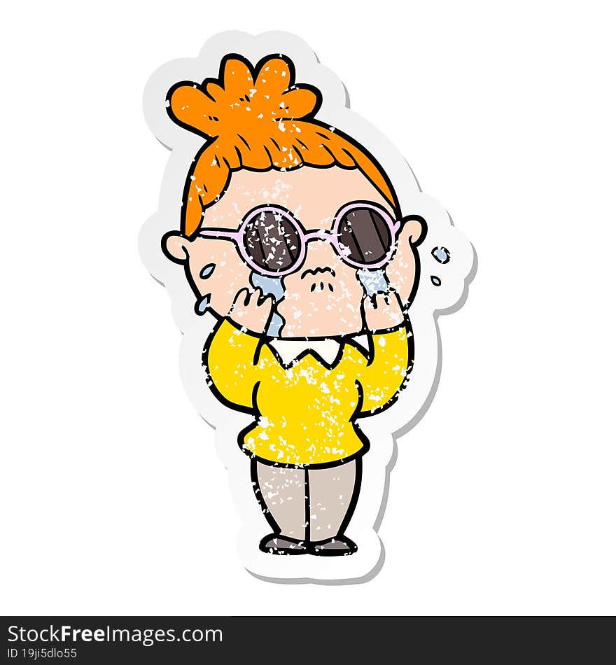 distressed sticker of a cartoon crying woman wearing spectacles