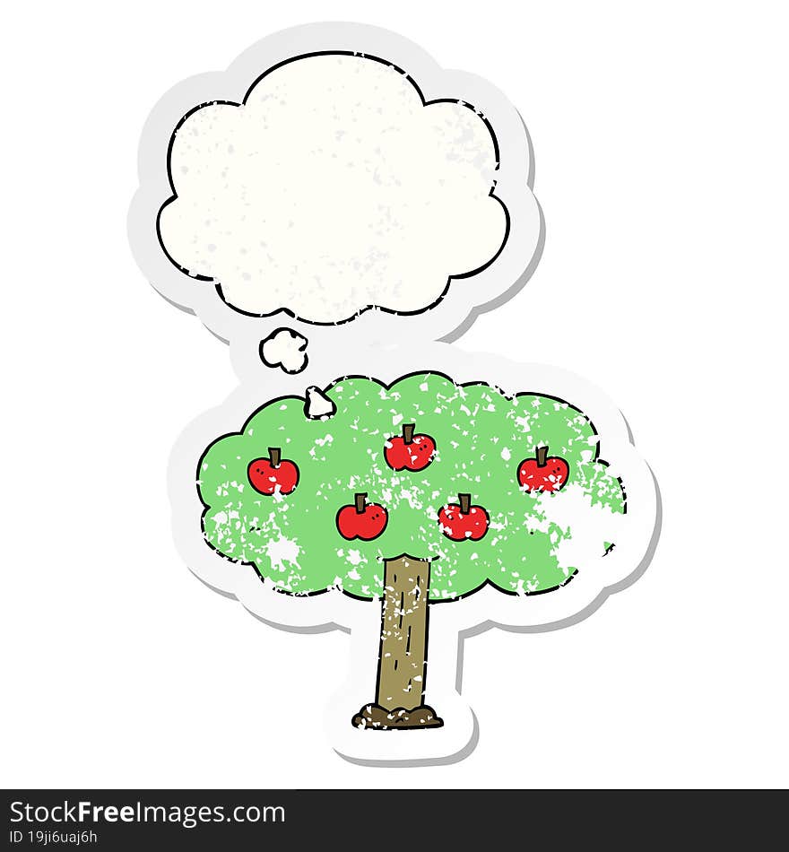 cartoon apple tree and thought bubble as a distressed worn sticker