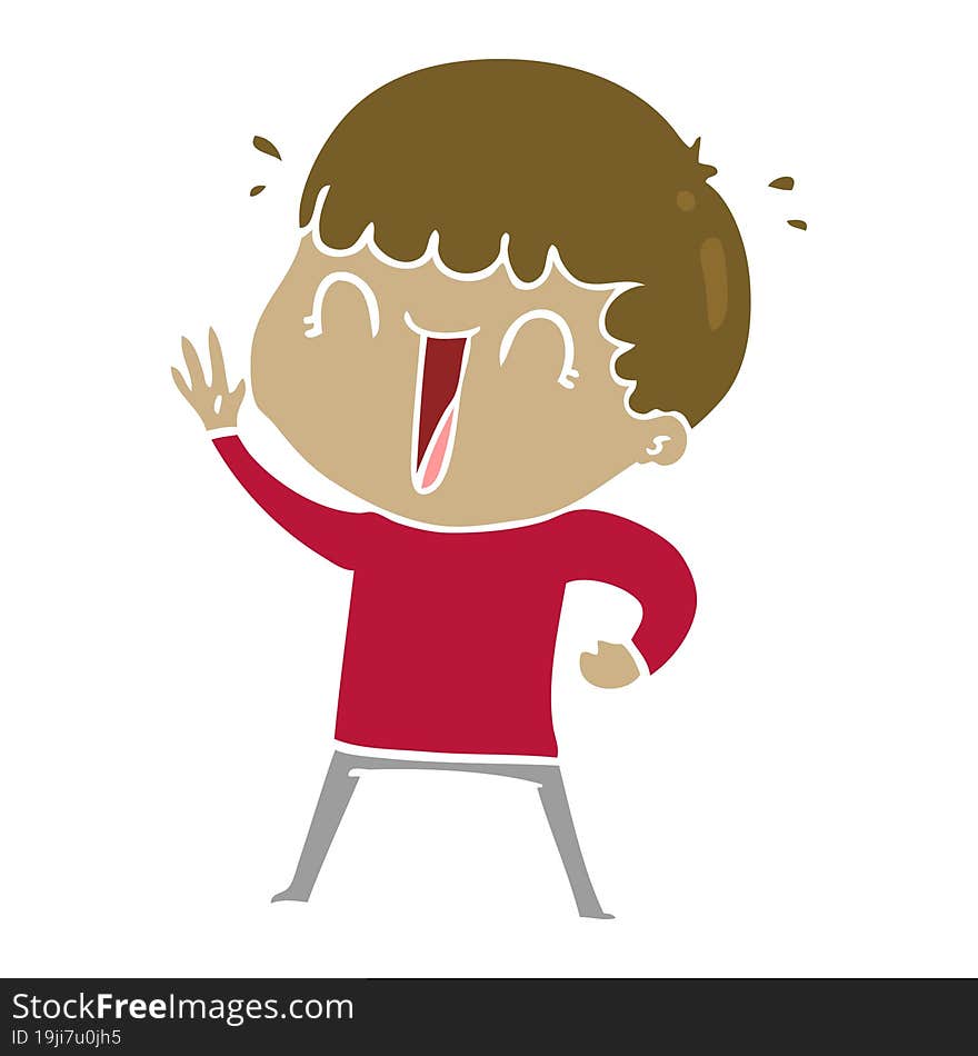 laughing flat color style cartoon man waving