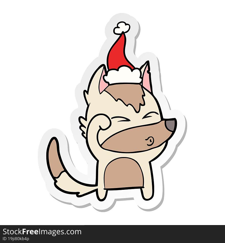 sticker cartoon of a wolf pouting wearing santa hat