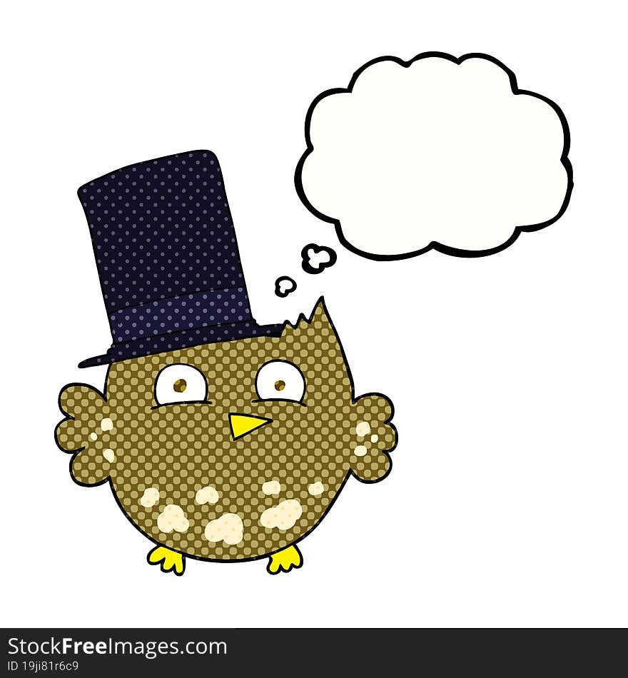 freehand drawn thought bubble cartoon little owl with top hat