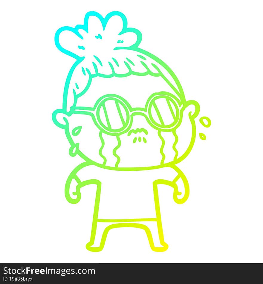 cold gradient line drawing cartoon crying woman wearing spectacles