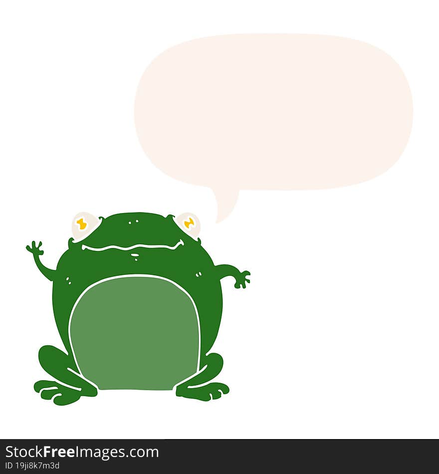 cartoon frog with speech bubble in retro style