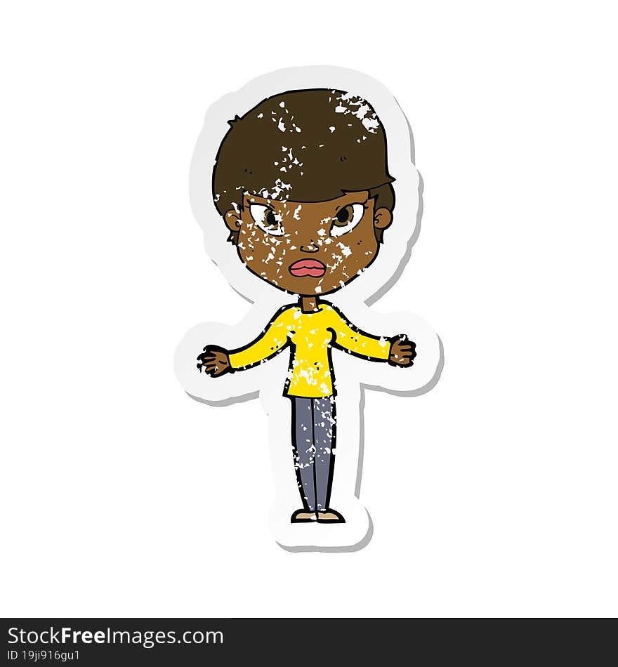 Retro Distressed Sticker Of A Cartoon Woman Shrugging Shoulders