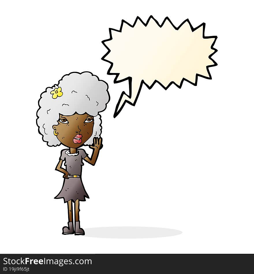 cartoon woman waving with speech bubble