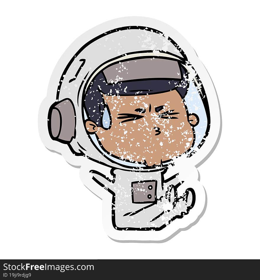 distressed sticker of a cartoon stressed astronaut