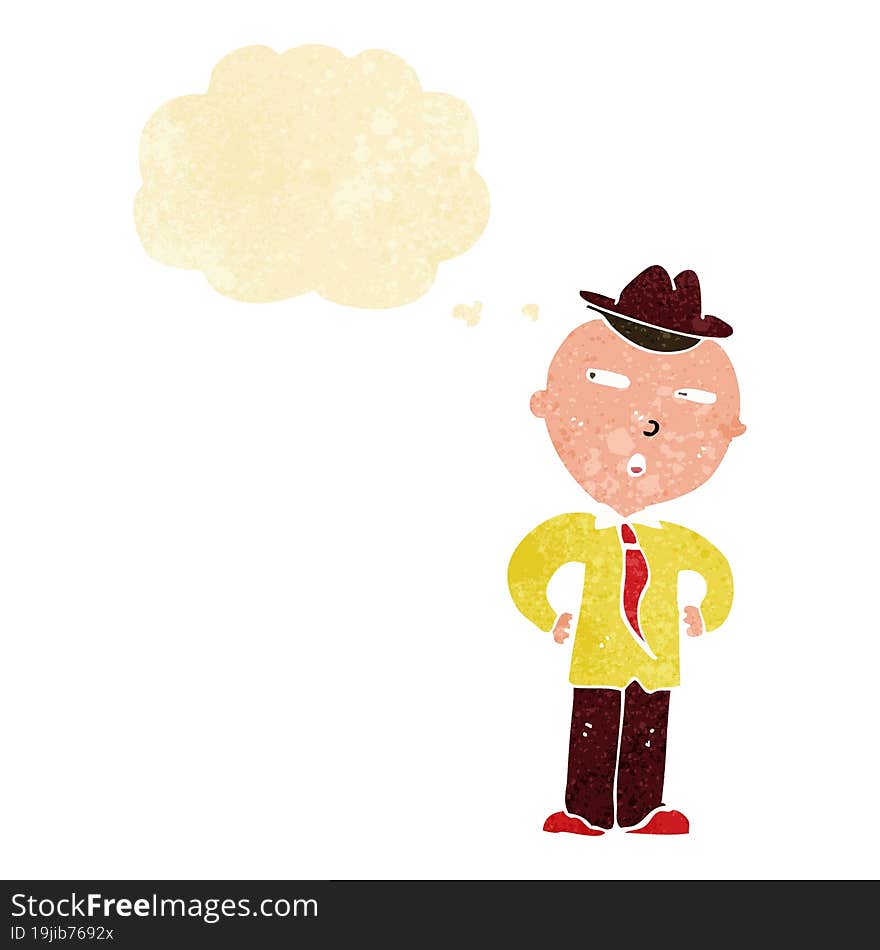 cartoon man wearing hat with thought bubble