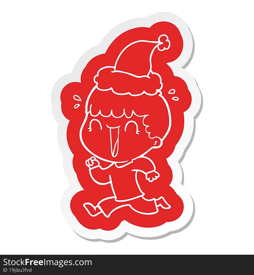 laughing quirky cartoon  sticker of a man wearing santa hat