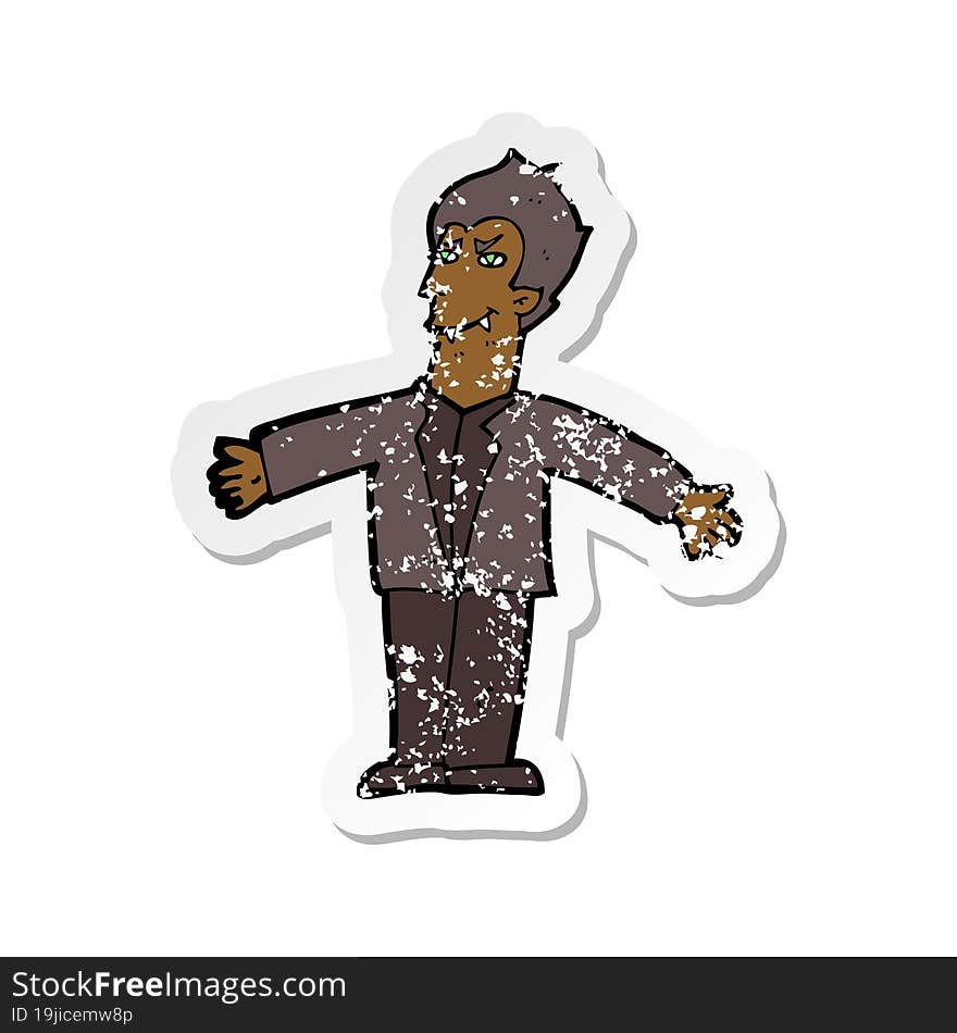 retro distressed sticker of a cartoon vampire man with open arms