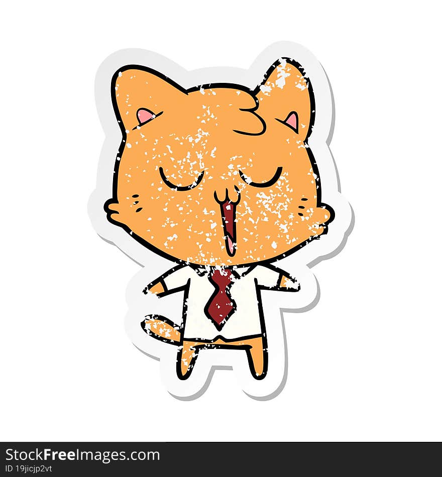 Distressed Sticker Of A Cartoon Cat In Shirt And Tie