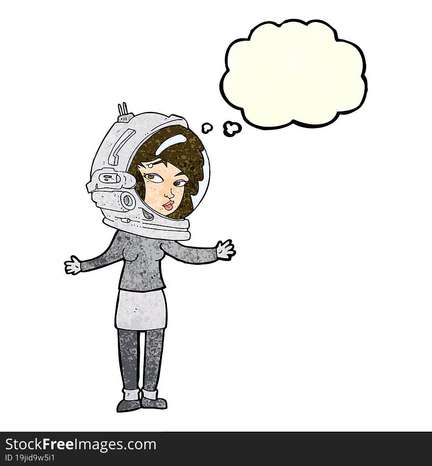 cartoon woman wearing astronaut helmet with thought bubble