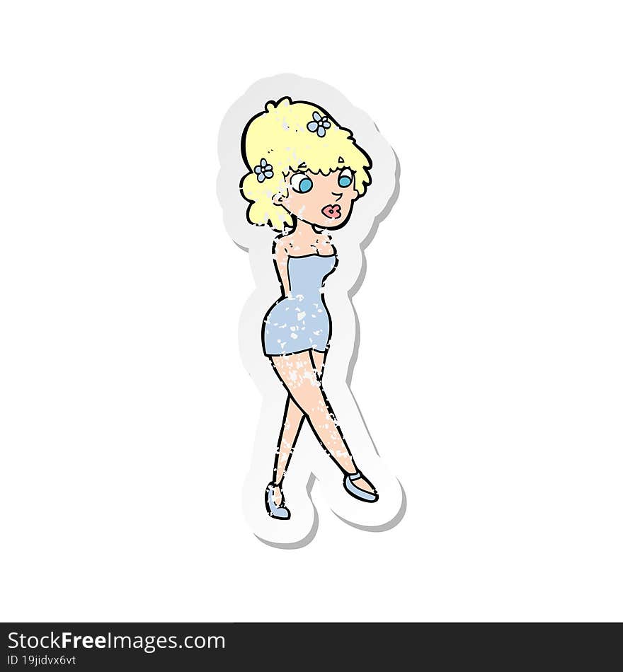 retro distressed sticker of a cartoon woman posing in dress