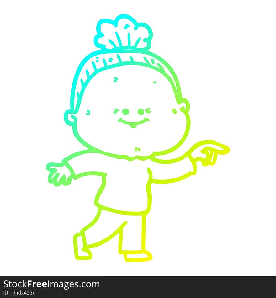 cold gradient line drawing cartoon happy old woman