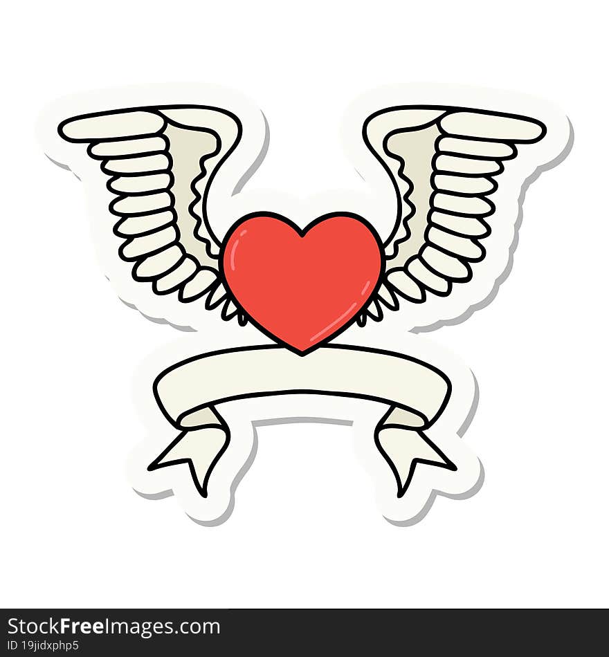 tattoo sticker with banner of a heart with wings