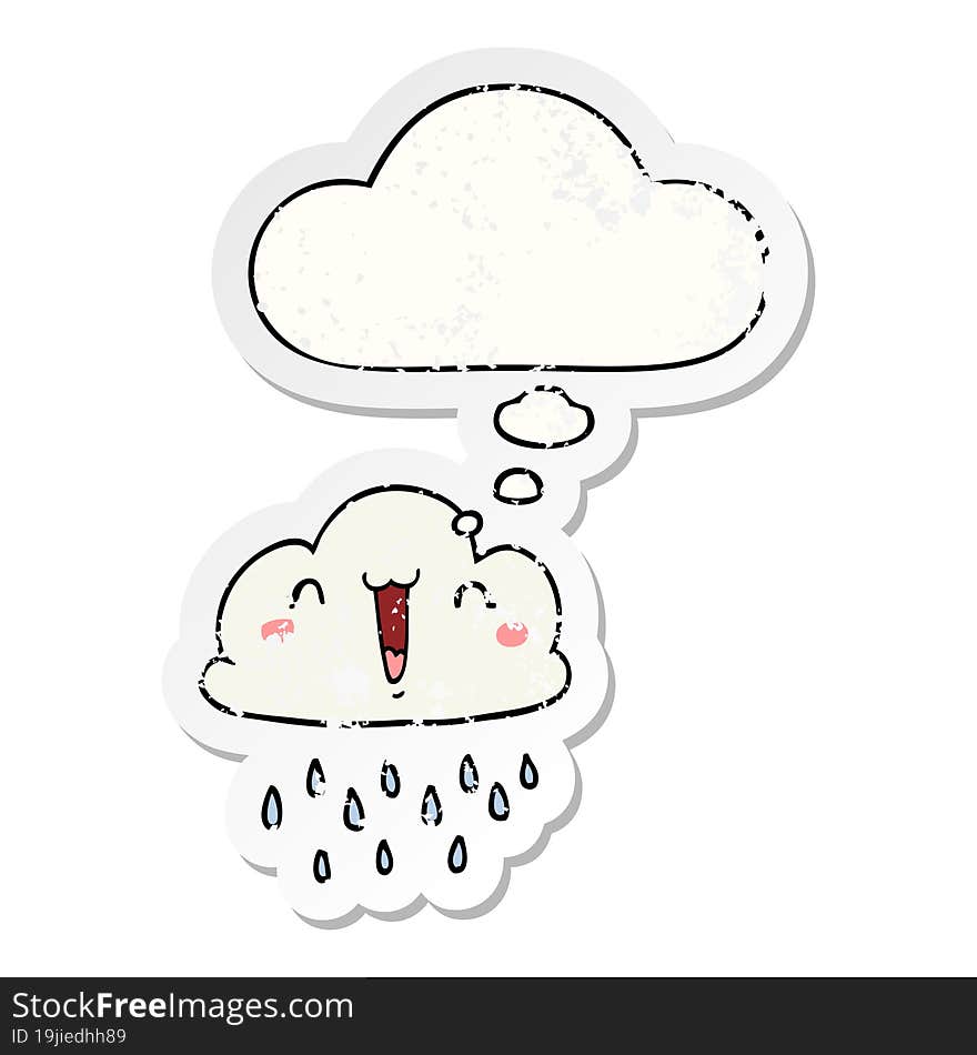 cartoon storm cloud and thought bubble as a distressed worn sticker