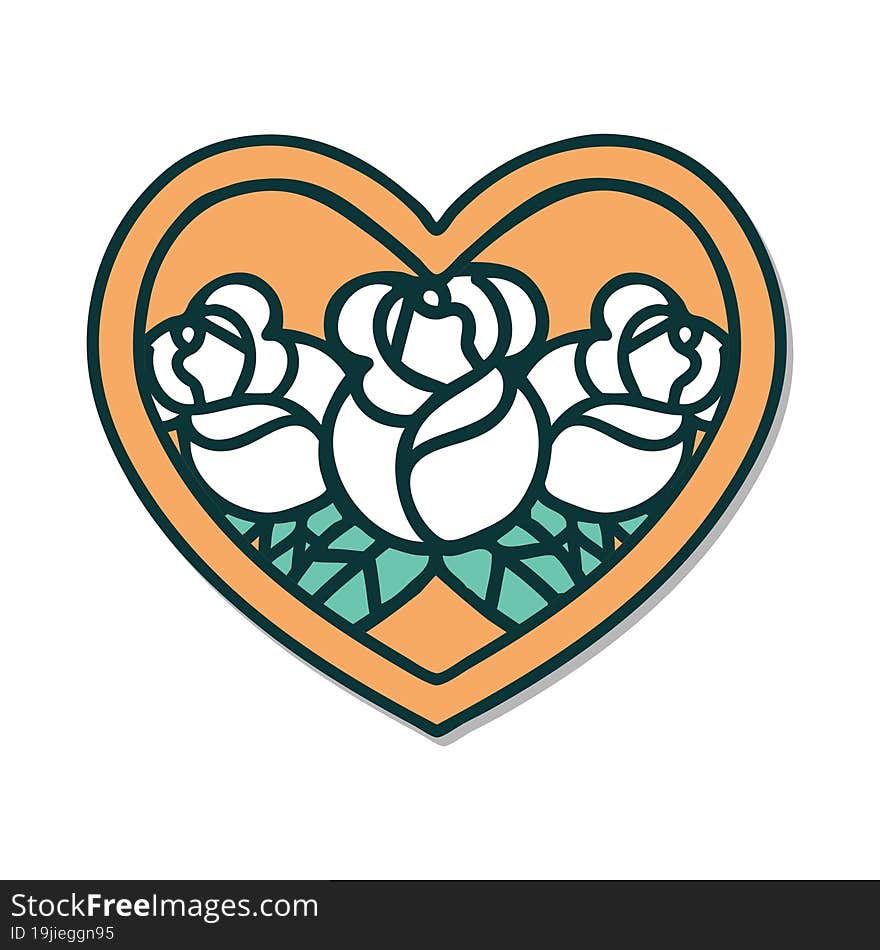 sticker of tattoo in traditional style of a heart and flowers. sticker of tattoo in traditional style of a heart and flowers