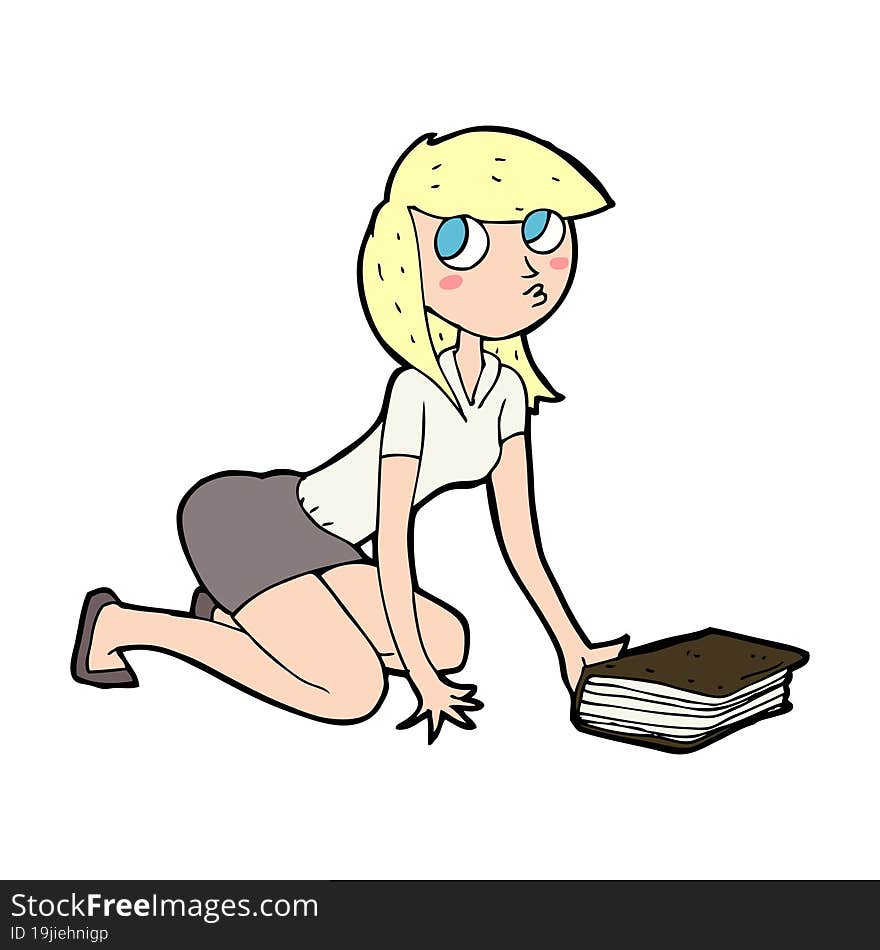 cartoon girl picking up book