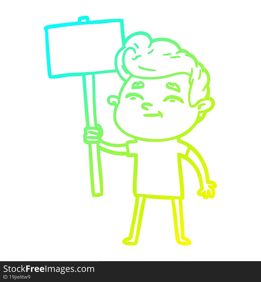 cold gradient line drawing of a happy cartoon man with sign