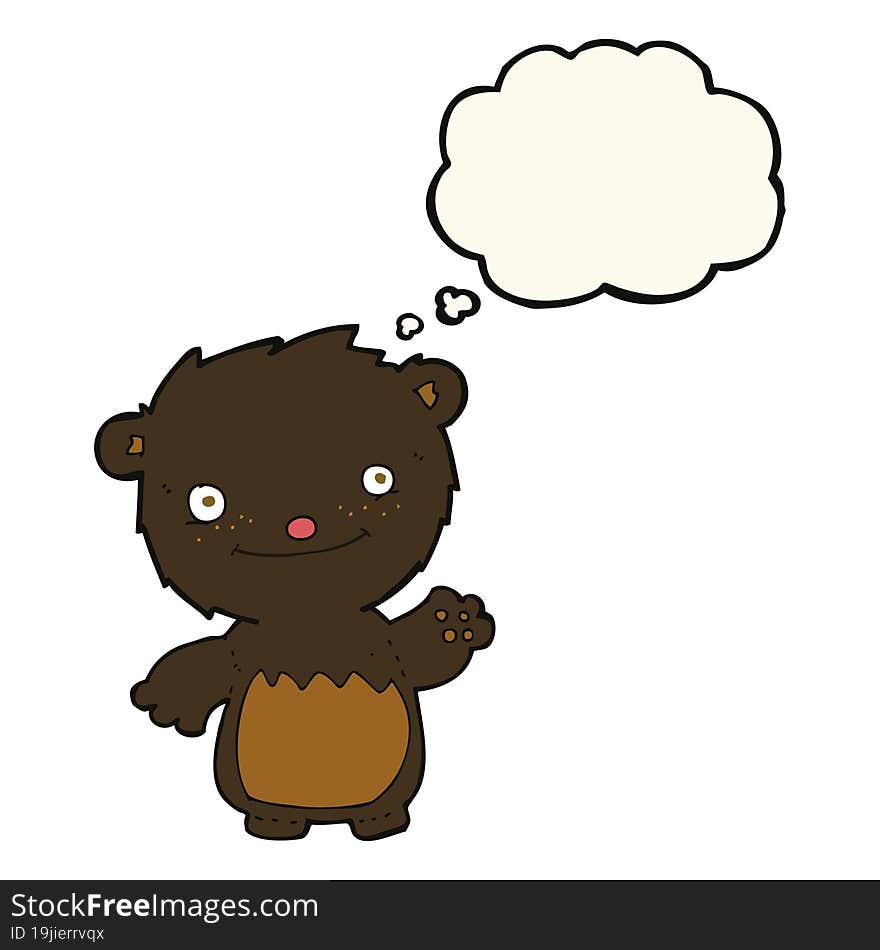 Cartoon Waving Black Bear Cub With Thought Bubble