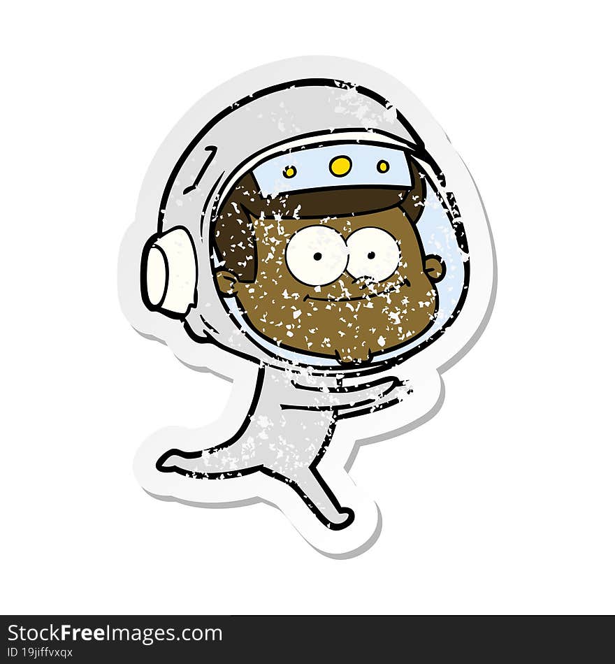 distressed sticker of a happy astronaut cartoon