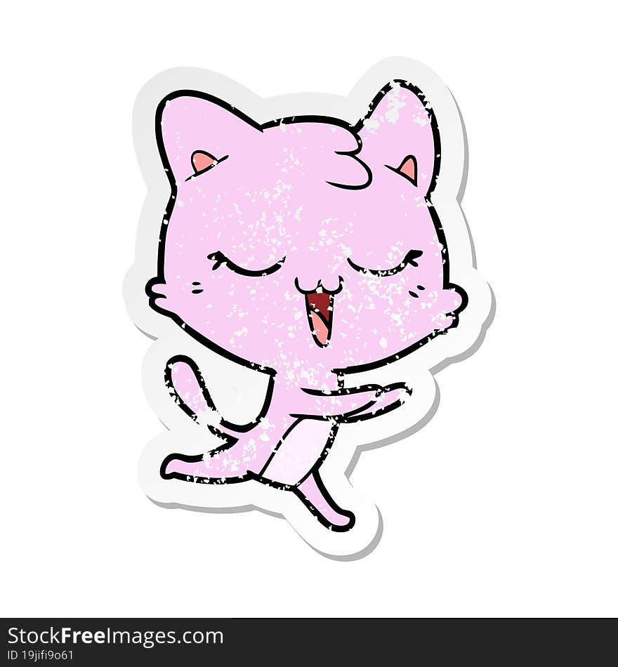 distressed sticker of a happy cartoon cat