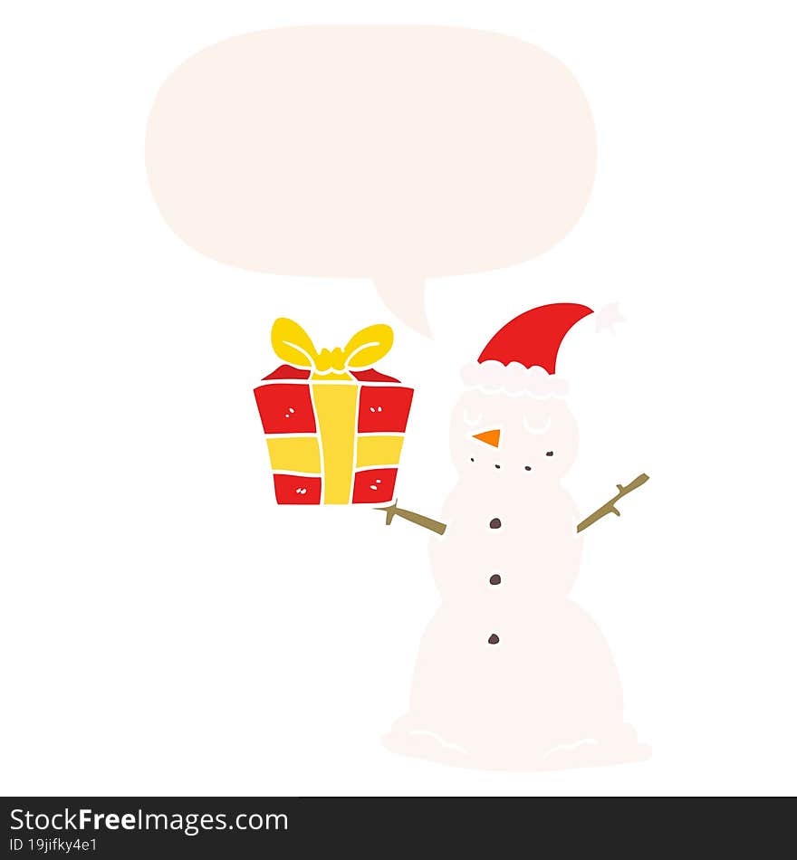 cartoon snowman and present and speech bubble in retro style