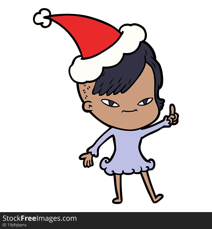 cute line drawing of a girl with hipster haircut wearing santa hat