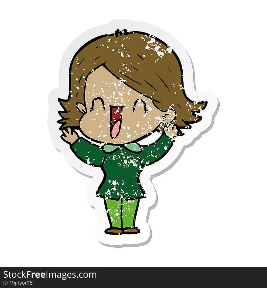 distressed sticker of a cartoon happy woman