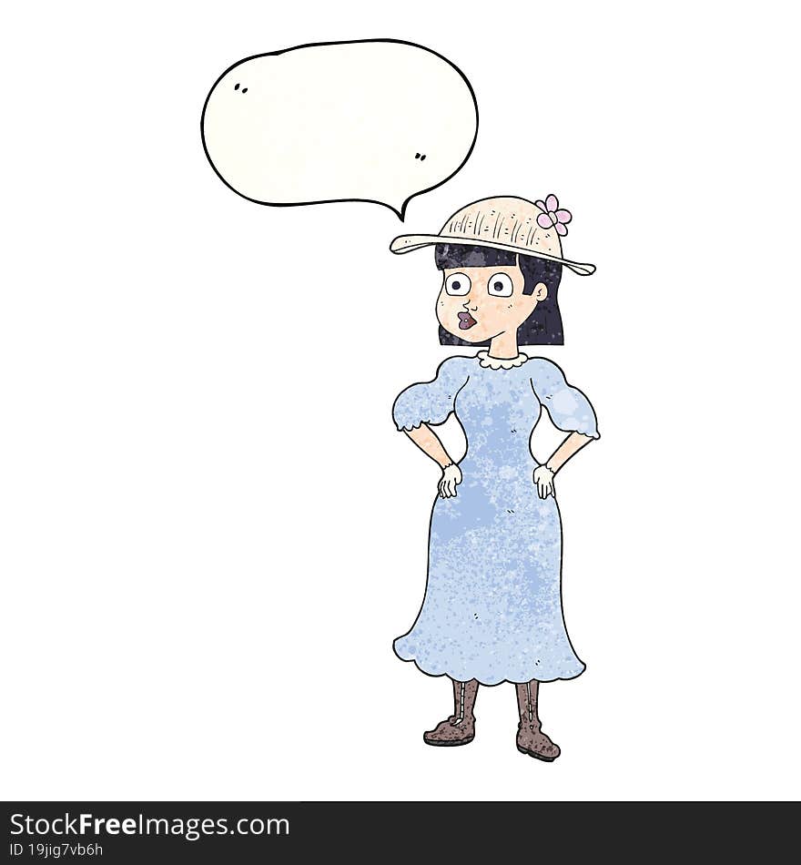 speech bubble textured cartoon woman in sensible dress