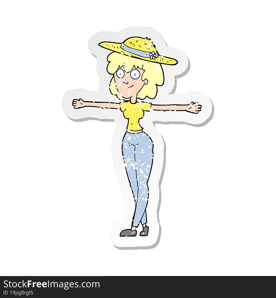 retro distressed sticker of a cartoon woman spreading arms