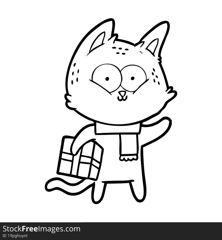 cartoon cat holding christmas present. cartoon cat holding christmas present