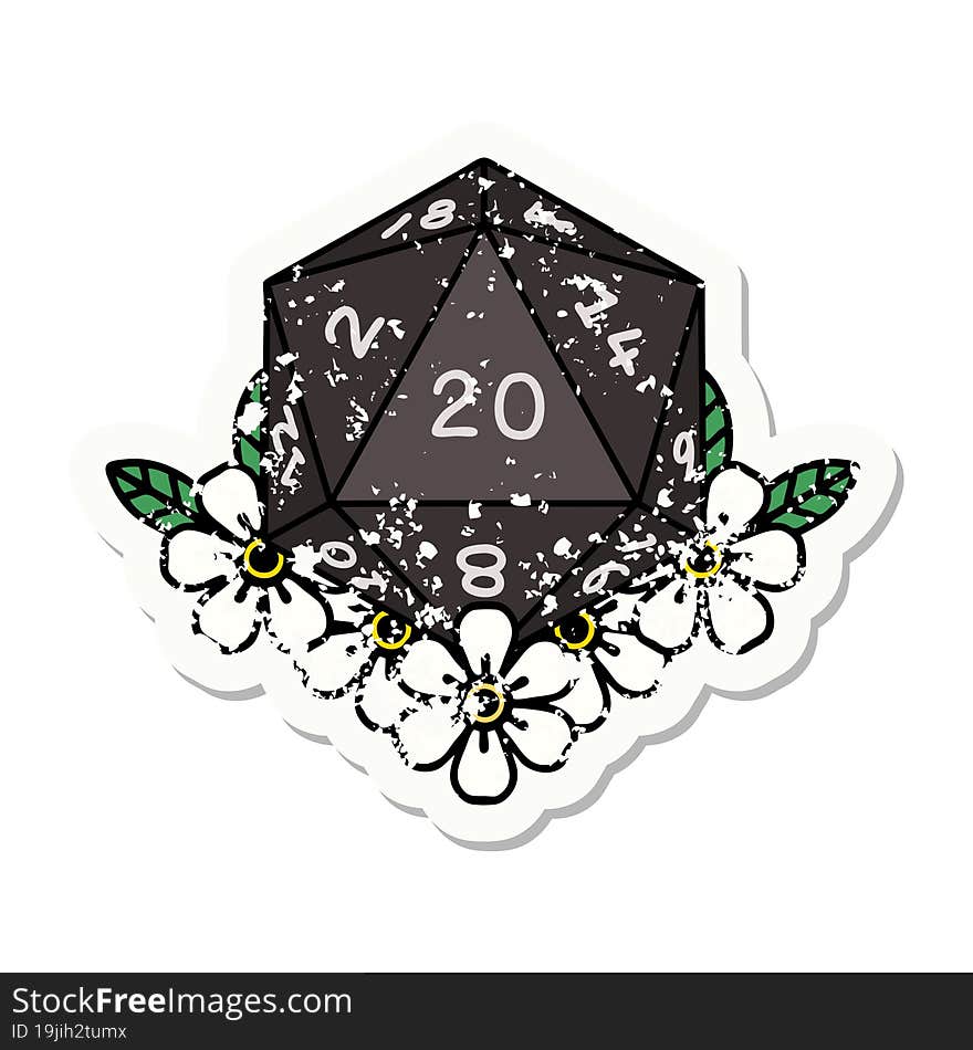 grunge sticker of a natural 20 D20 dice roll with floral elements. grunge sticker of a natural 20 D20 dice roll with floral elements