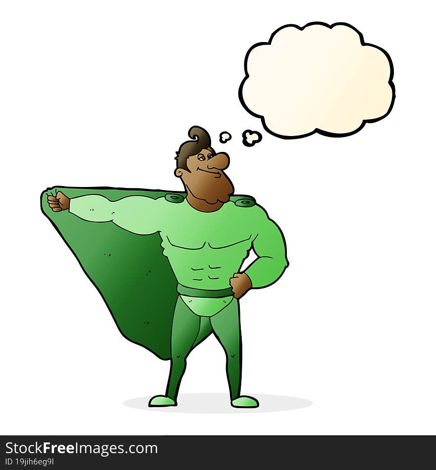 funny cartoon superhero with thought bubble