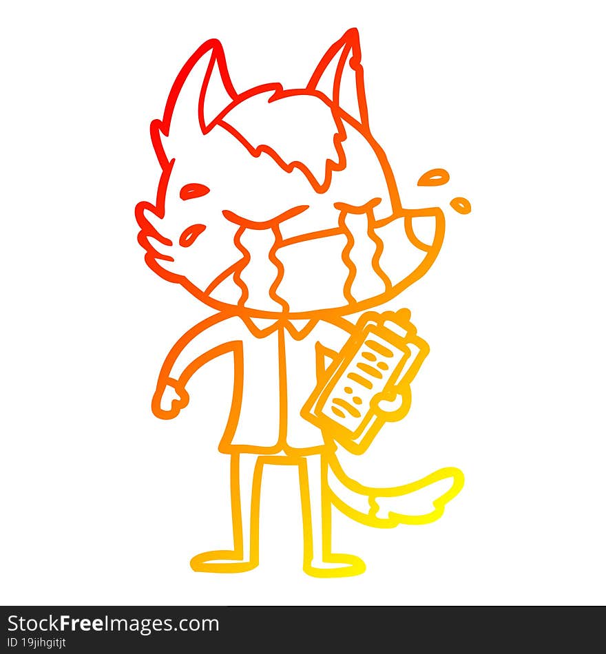 warm gradient line drawing of a cartoon crying wolf wearing work clothes