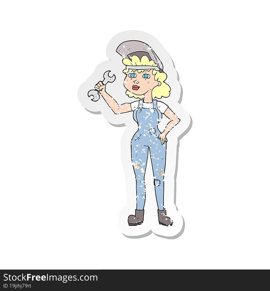 retro distressed sticker of a cartoon woman with spanner