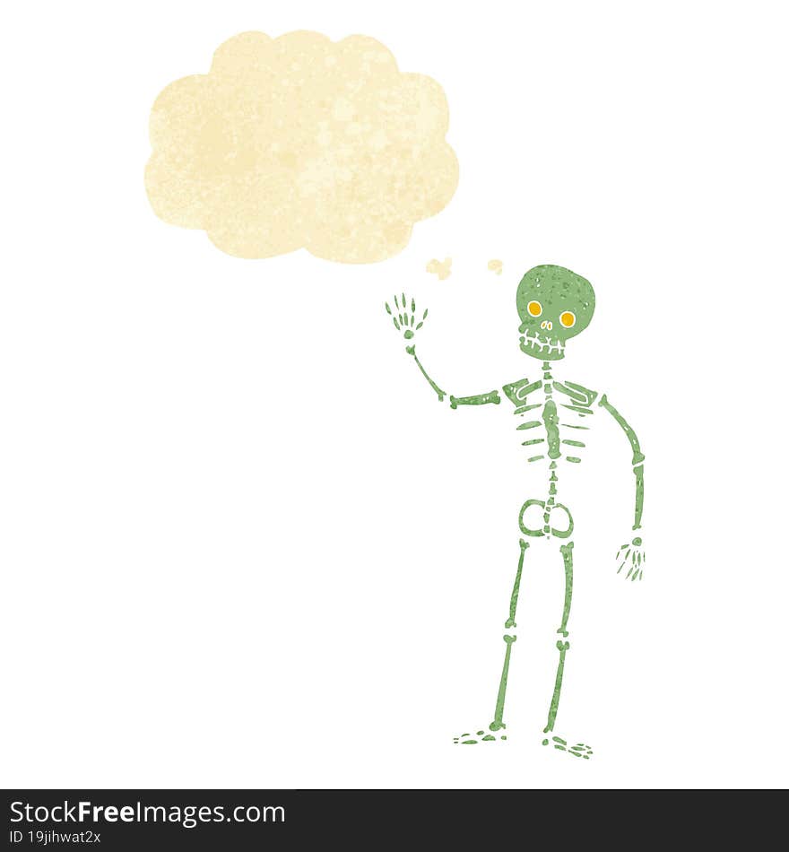 cartoon waving skeleton with thought bubble