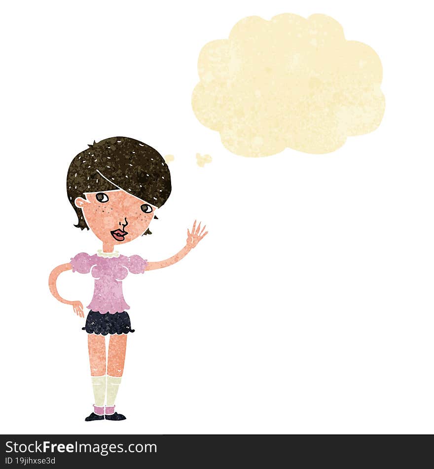 cartoon girl waving with thought bubble