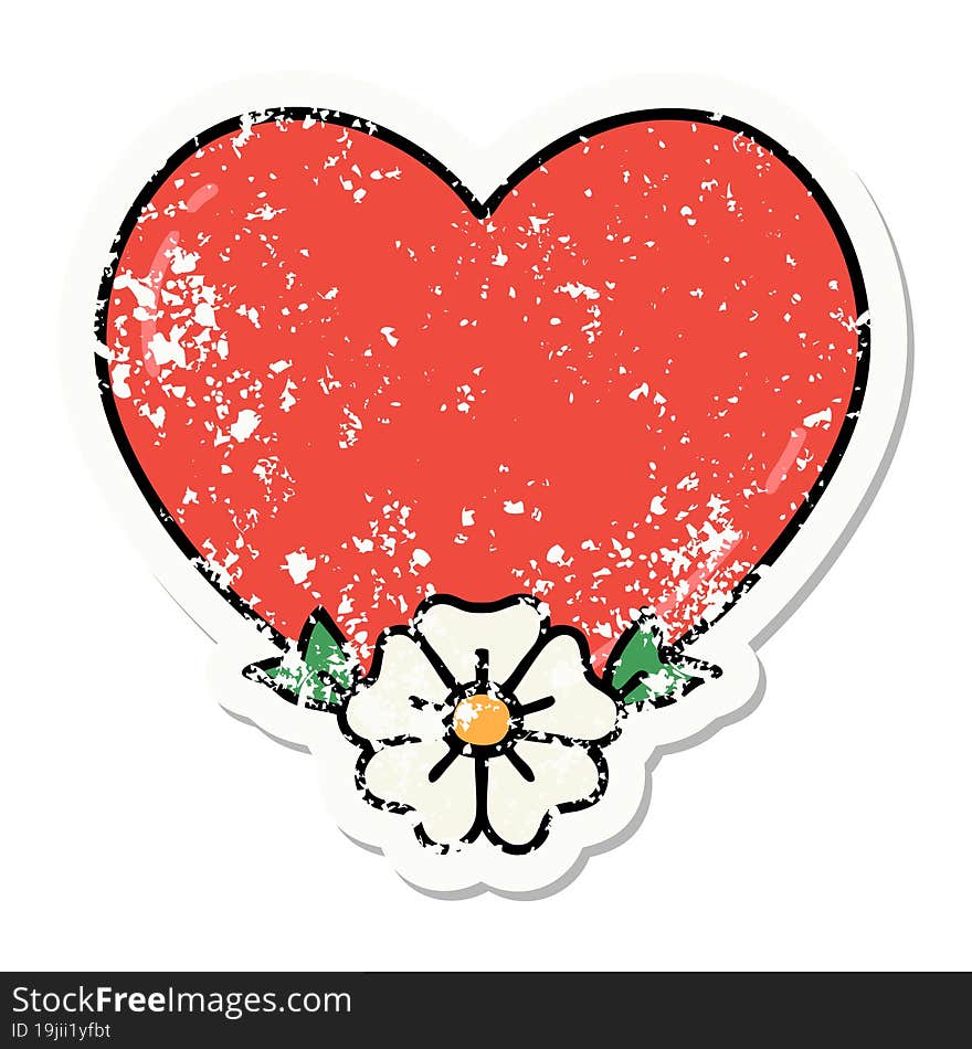 traditional distressed sticker tattoo of a heart and flower