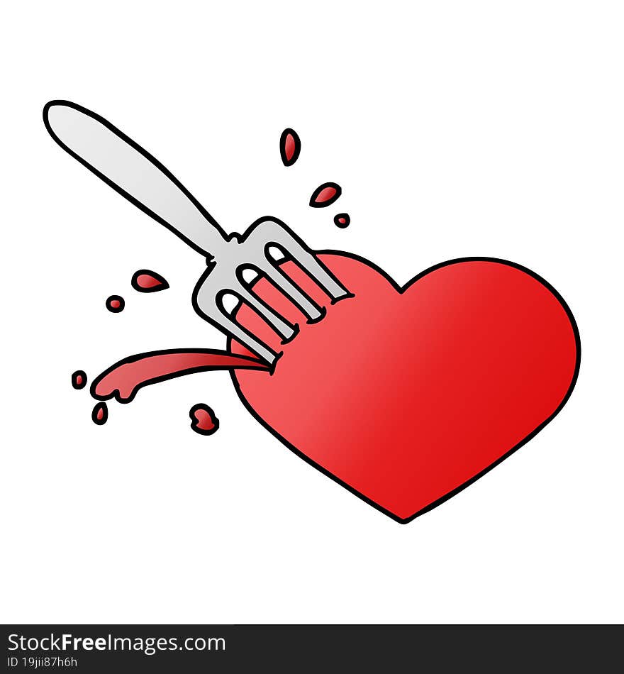 cartoon love heart stuck with fork. cartoon love heart stuck with fork