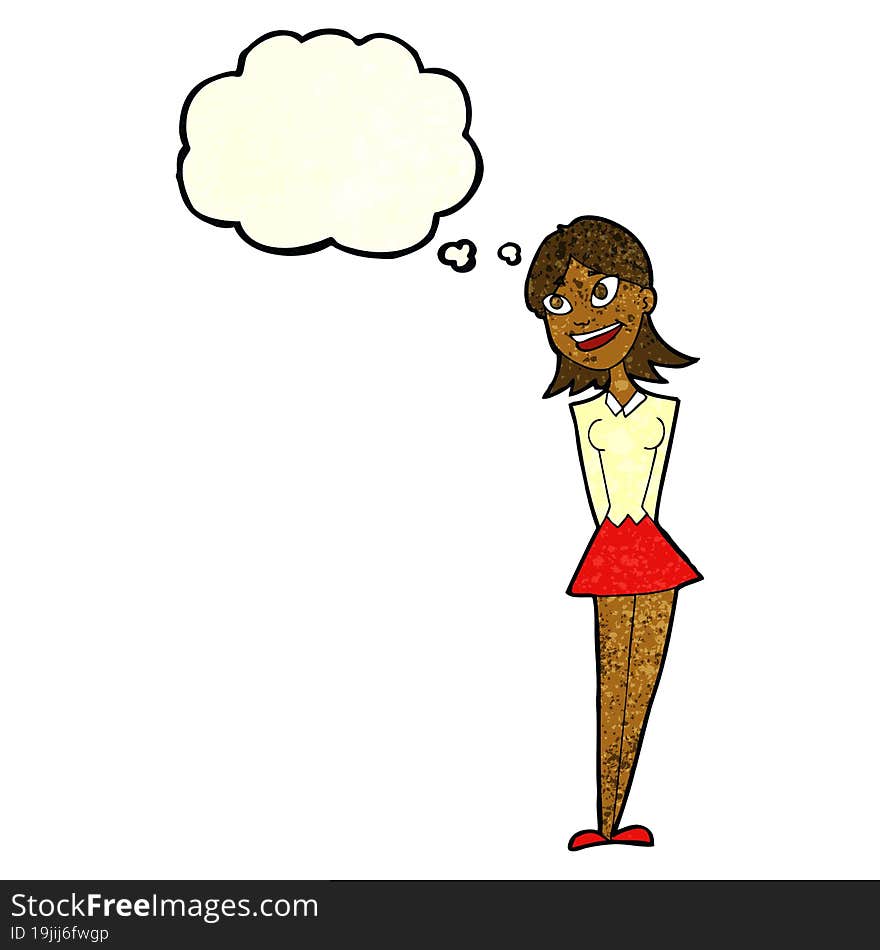 cartoon happy woman with thought bubble