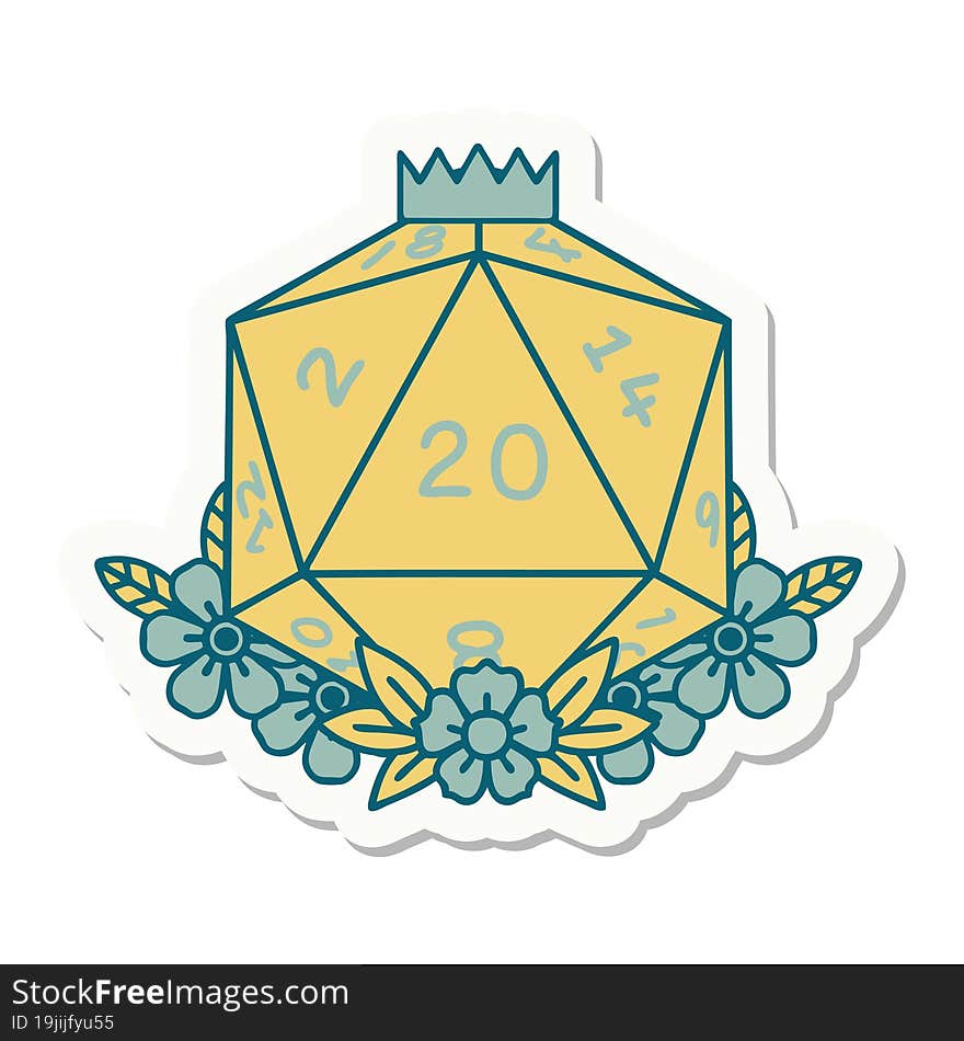 Natural 20 D20 Dice Roll With Floral Elements Sticker