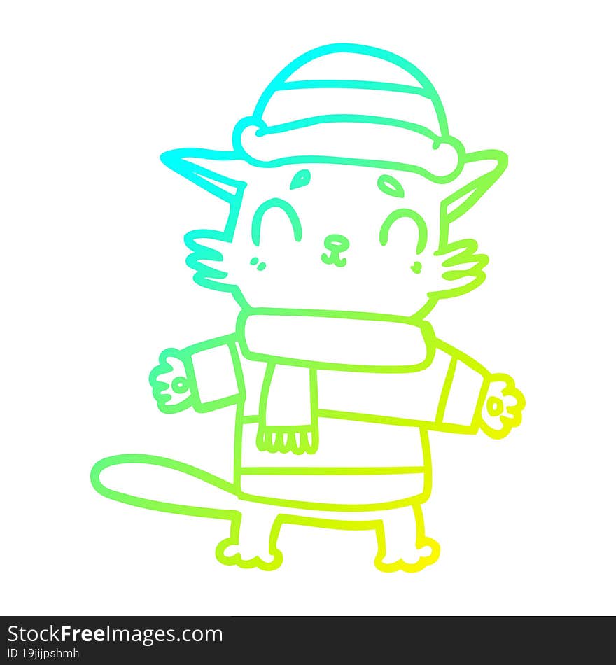 cold gradient line drawing cartoon cat in winter clothes