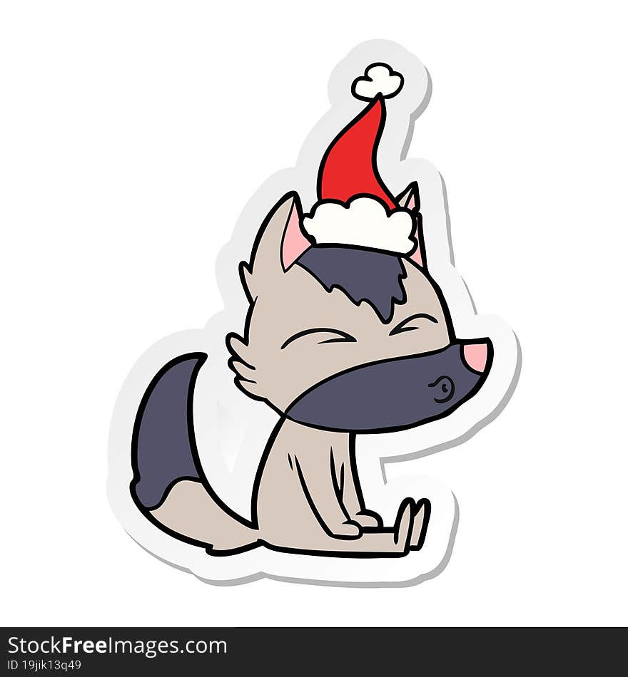 sticker cartoon of a wolf whistling wearing santa hat