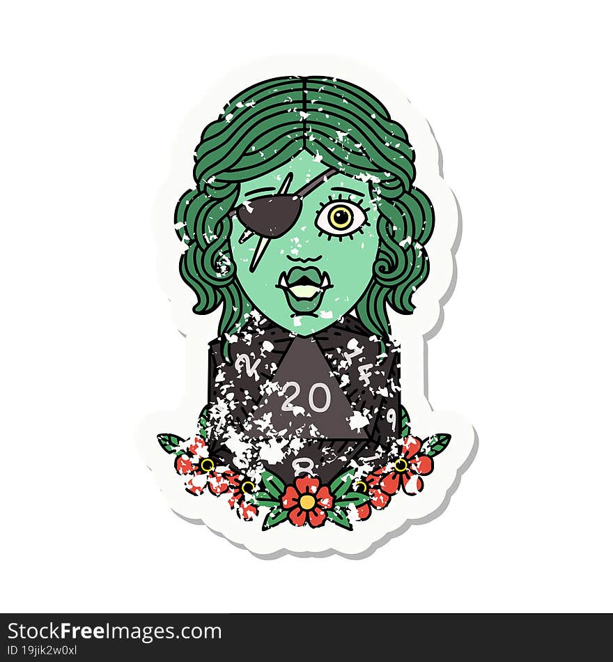 grunge sticker of a half orc rogue with natural 20 dice roll. grunge sticker of a half orc rogue with natural 20 dice roll