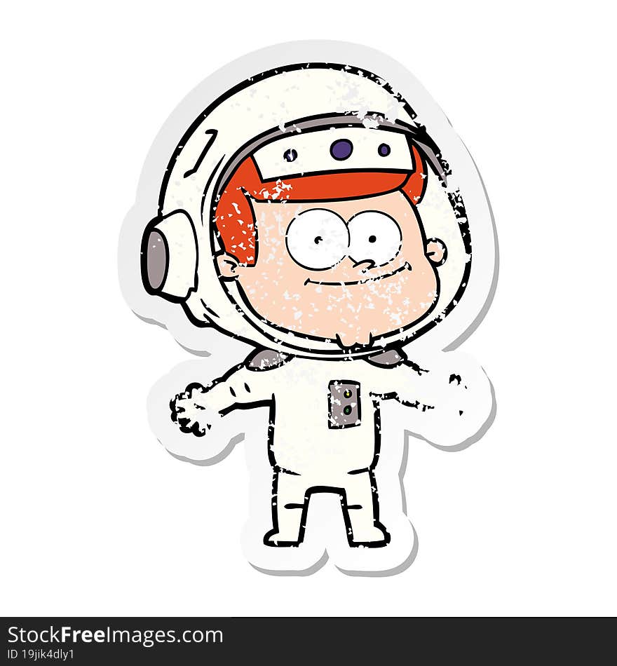 distressed sticker of a happy astronaut cartoon