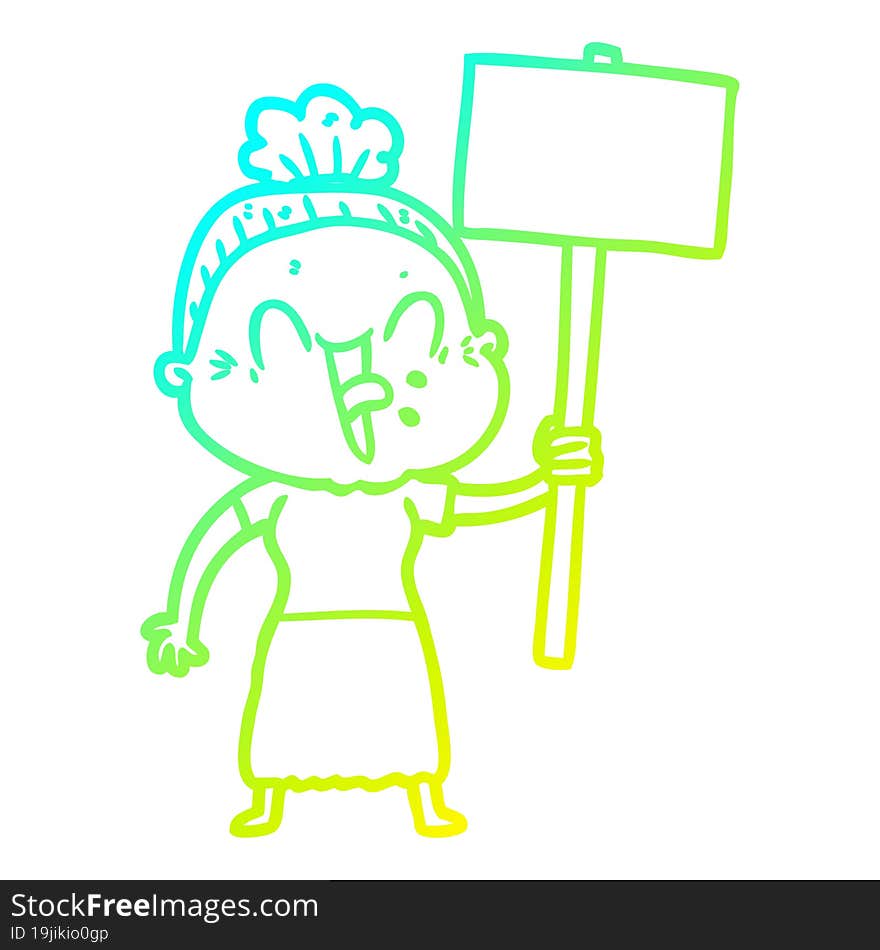 cold gradient line drawing of a cartoon happy old woman