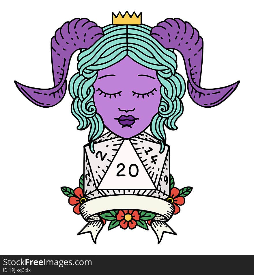 tiefling with natural 20 D20 roll illustration