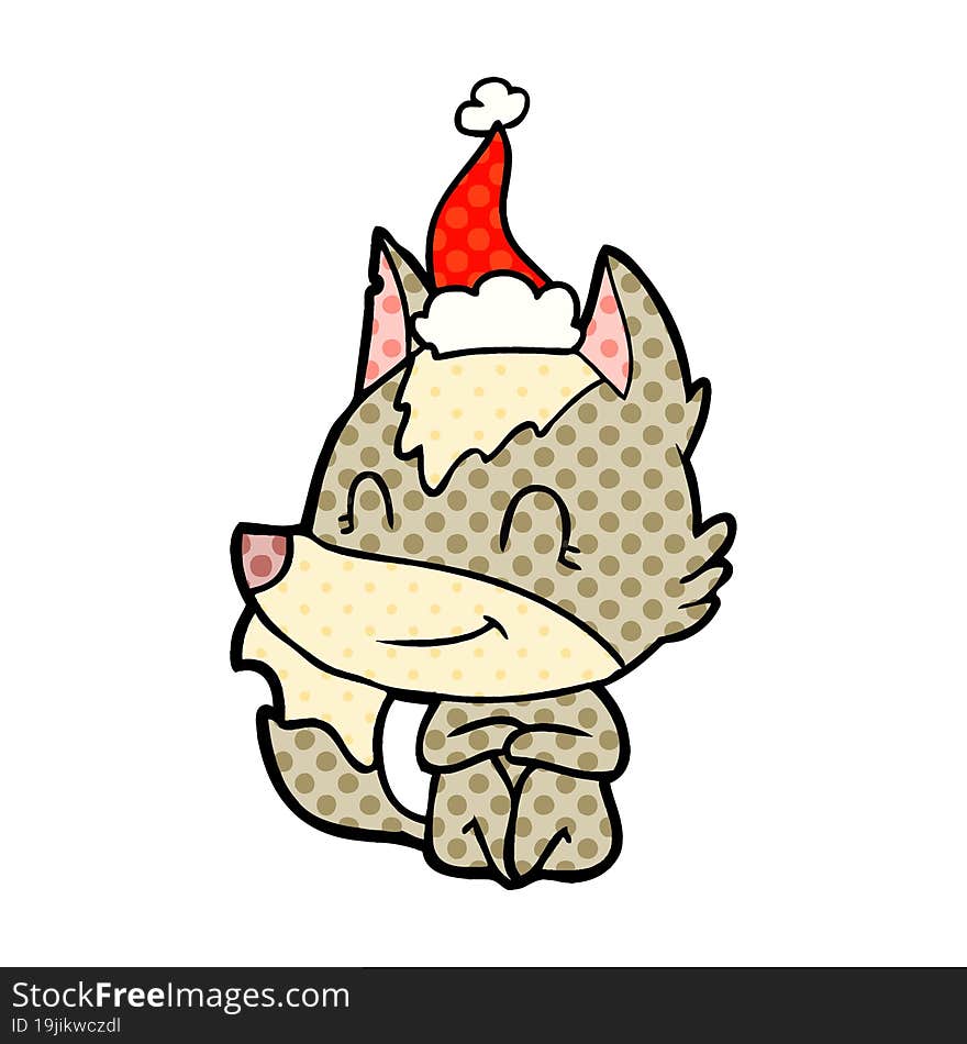 friendly comic book style illustration of a wolf wearing santa hat